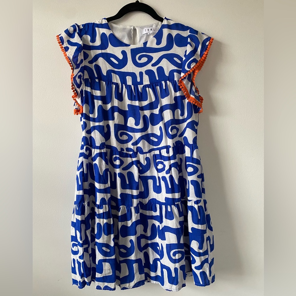 ❤️ THML Blue and White Mini Dress with Orange Trim on Cap Sleeves